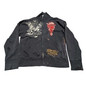 VTG Ed Hardy Christian Audigier Mens XL Black Zip Up Sweatshirt Distressed